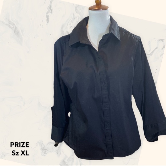 PRIZE Button down  3/4 sleeve stretchy black shirt Sz XL - Picture 1 of 3